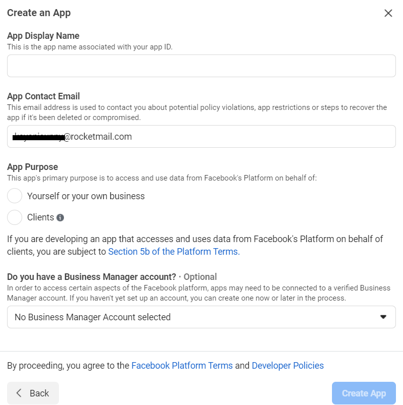 Mautic - Facebook -Integration - Füllen Sie das Formular zum Erstellen von Apps aus