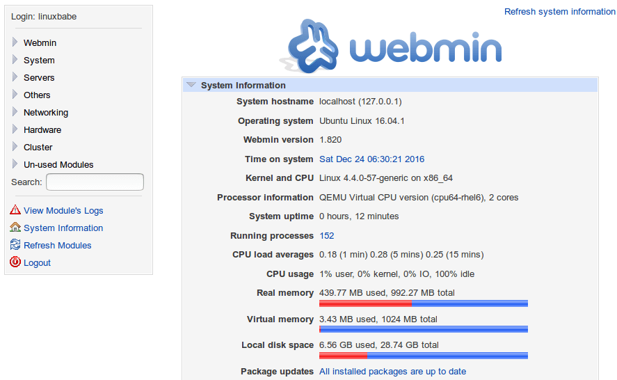 Installez les informations du système Webmin