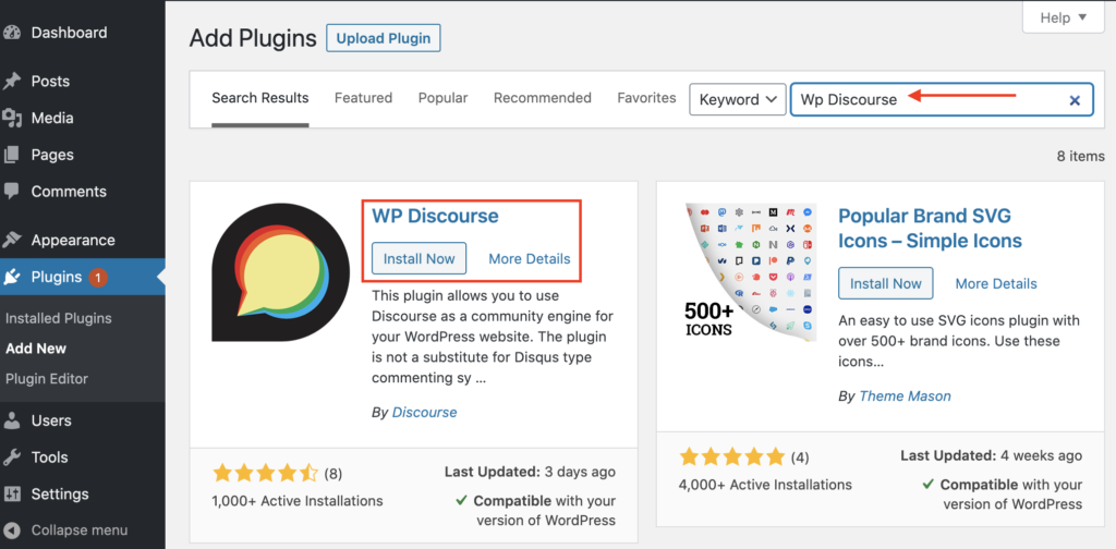 Install WP Discourse Plugin from WordPress Dashboard
